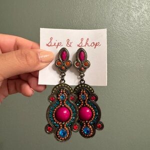 Colorful Boho Statement Earrings in Hot Pink & Turquoise Metal